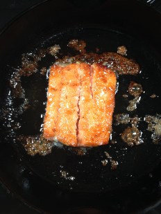 Caramelizing salmon - don't worry, all that burnt sugar dissolves in water.