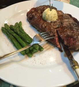 A big old steak for a little old girl and just the right asparagus.